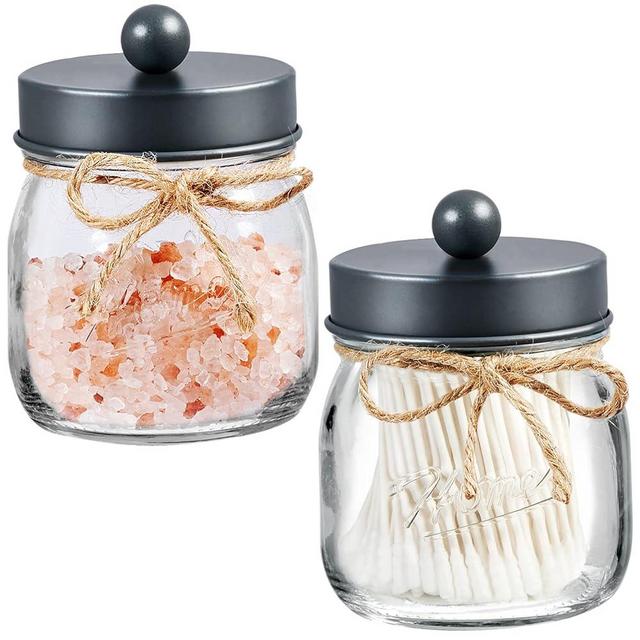 SheeChung 2 Pack Qtip Holder, Bathroom Jars, Cotton Swab Holders, Cute Mason Jars Bathroom Shelf Decor for Cotton Balls, Floss Picks - Vintage Gray