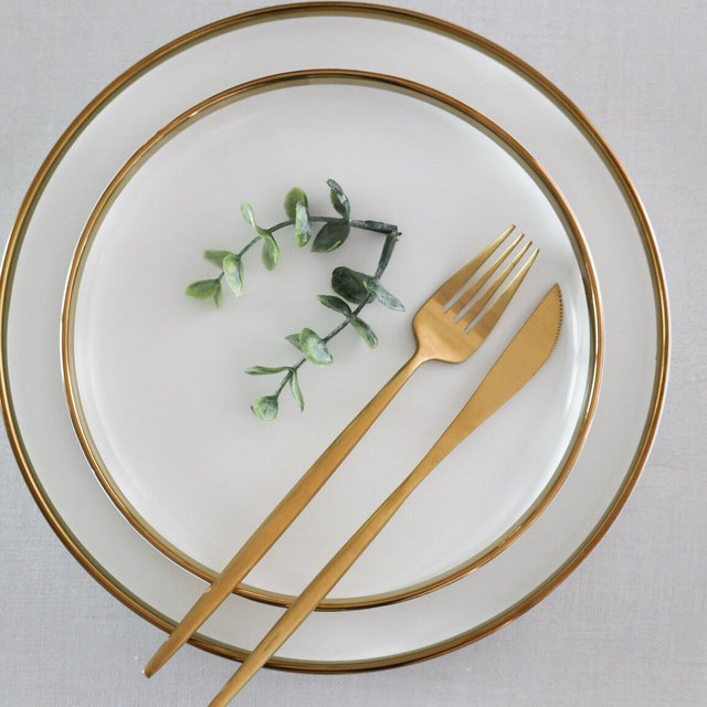 White and Gold Ceramic Plate, Modern Dinnerware, Outdoor Dining, White Plates, Gold Rim Plates, Salad Plate, Minimalist - 8 inch