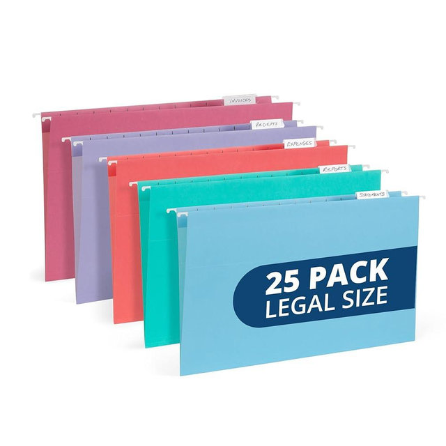 25 Blue Summit Supplies Legal Size Hanging File Folders - Assorted Gem Tone Colors (Turquoise, Teal, Coral, Purple, Magenta), Durable 11pt Paper, Plastic Tabs and Inserts Included