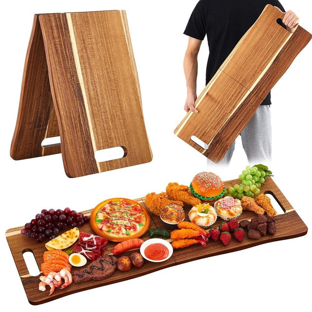 FoldTier Large Acacia Charcuterie Board with Handles Foldable Travel Serving Boards Wood Extra Long Rectangular Charcuterie Platter for Cheese Food Meat Party Appetizers (33 x 12 Inch)