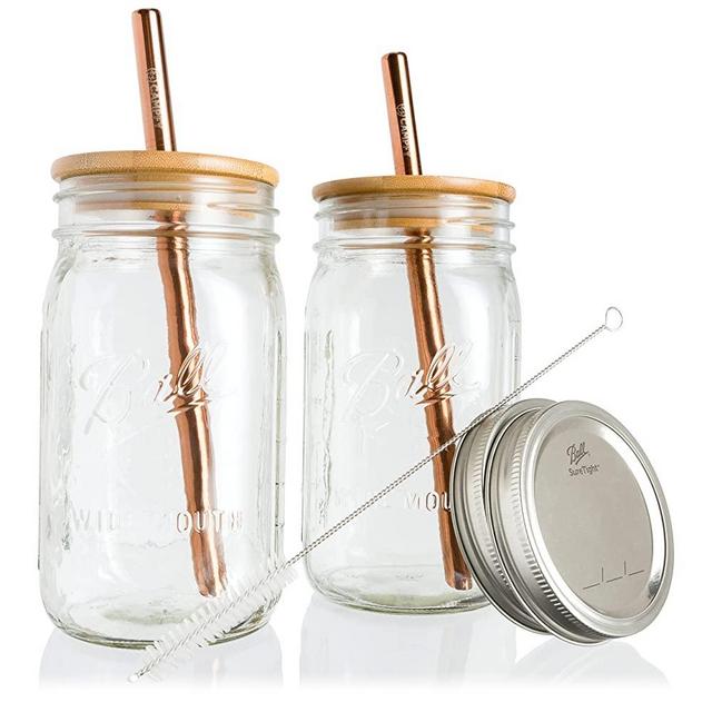 CAMPFY Reusable Boba Cup with Lids and Straw - Bubble Tea Cup - Boba Tea Cup - Smoothie Cup with Lids and Straws - 2 Glass Wide Mouth Ball Mason Jars 32oz with Bamboo Lids - 2 Angled-Tip Boba Straws
