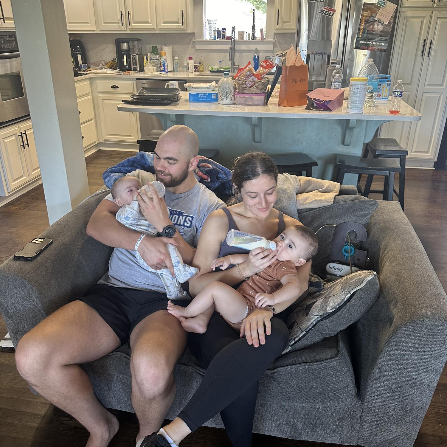 Our nephews Carter (with Nathan) and Christopher (with Morgan) had their holiday morning ritual of being fed by auntie and uncle when they all visited.