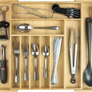 KitchenEdge Premium Silverware, Flatware and Utensil Organizer for Kitchen Drawers, Food-Safe Contract Grade, Expandable from 14 to 25 In, Natural Bamboo