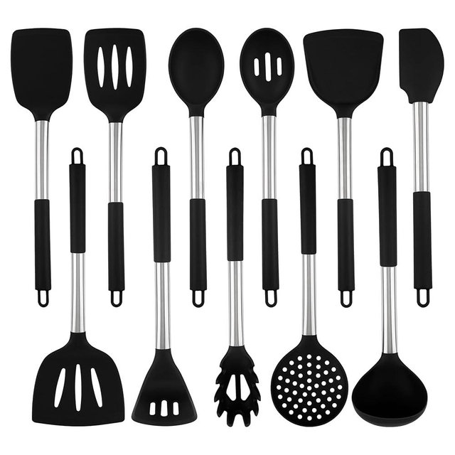 Large Silicone Kitchen Cooking Utensils Set, 11 pcs Cooking Utensils, Kitchen Tools Gadgets for Nonstick Cookware, Spatula, Turner, Masher, Ladle, Strainer, Server, BPA FREE, Dishwasher Safe (Black)