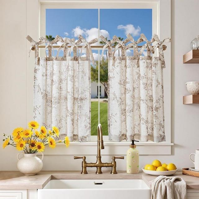 jinchan Floral Kitchen Curtains 24 Inch Linen Tier Curtains Farmhouse Cafe Half Window Drapes Over Sink Light Filtering Taupe on Beige for Living Room Laundry Tie Top 2 Panels