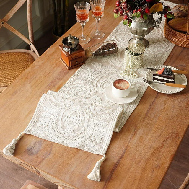 Artbloss Embroidered Table Runner Boho Farmhouse Dresser Scarf Macrame Rustic Lace Doily with Tassel for Kitchen Indoor Outdoor Fireplace (Beige, 14 x 38 Inches)