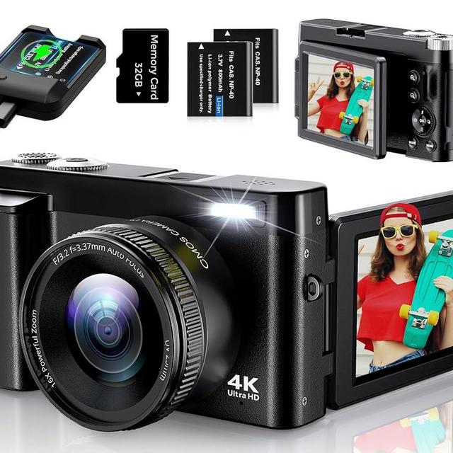4K Digital Camera for Photography, UHD Autofocus 48MP 180° Flip Screen 16X Zoom Compact Point Shoot Vlogging Camera for YouTube with 2 Batteries, 32GB Card (Black)