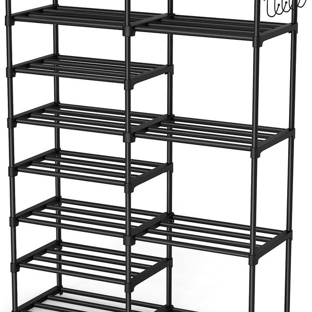 Tribesigns Shoe Rack Shoe Shelf Shoe Storage Organizer with Side Hooks for Entryway, 24-30 Pairs Metal Shoe Rack Taller Shoes Boots Organizer