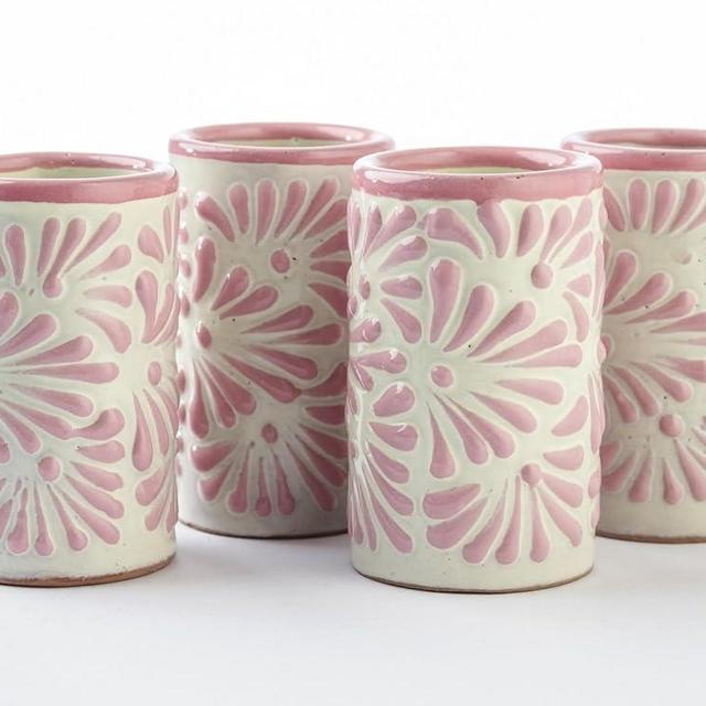 MEXTEQUIL - Talavera Shot Glasses Set of 4 Authentic Mexican Tequila Shot Glasses - Hand-painted - 2 Oz (Lathe-Turned Pink)