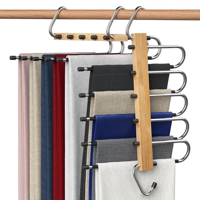 Bamboo Pants Hangers Space Saving 2 Pack - Closet Pants Organizer Hangers for Pant, Multi Functional Pant Rack Hanger for Jeans