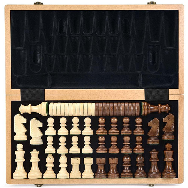AMEROUS 15 Inches Wooden Chess & Checkers Set with Upgraded Weighted Chess Pieces - 2 Extra Queen -24 Cherkers Pieces -Folding Board -Instruction -Chessmen Storage Slots, Classic 2 in 1 Board Games