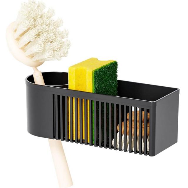 SuoXing Inside Sink Sponge Holder,Black Rustproof Sink Caddy and Scrub Holder for Kitchen Sink with Suction Cup,Adhesive,Plastic Dish Sink Organizer for Scrub Brush,Scrubber,Dish Sponge,Spinge Holder