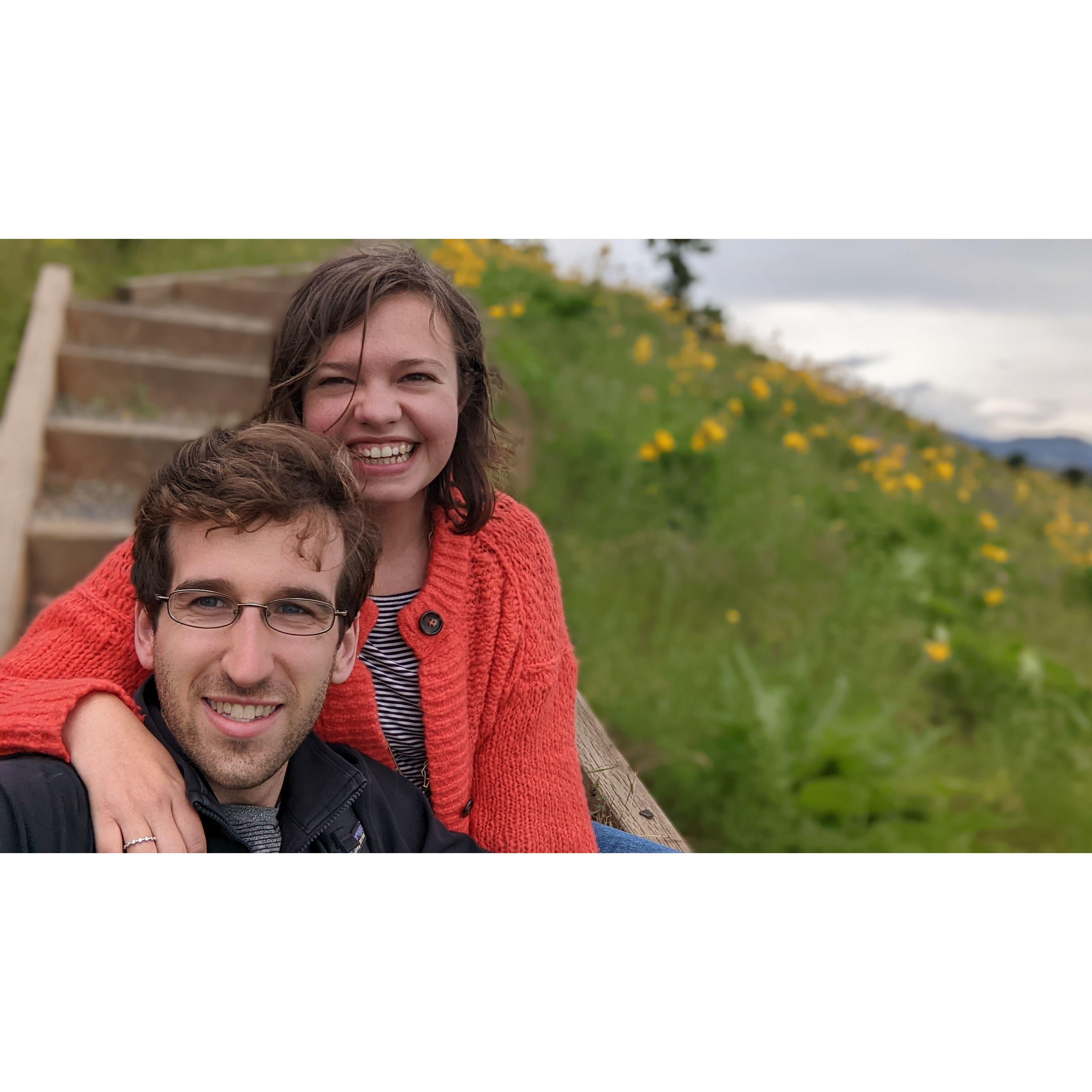 Us hiking in Portland and enjoying the beautiful wildflowers.