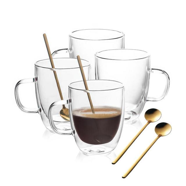 ZENENMRI Double Wall Glass Coffee Mugs 16 oz,Set of 4, Clear Coffee Cups with Handle,with 4 Spoon,Double Insulated Borosilicate Glass Mugs,Perfect for Cappuccino,Tea,Latte,Hot Beverage