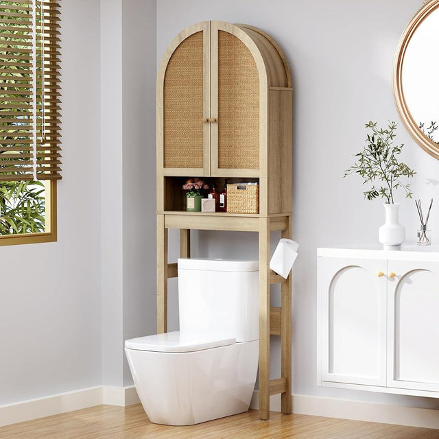 BONITURE Over The Toilet Storage Cabinet, Modern Storage Cabinet Over Toilet with Rattan Doors, Arched Freestanding Over Toilet Rack with Adjustable Shelf for Bathroom, Nature