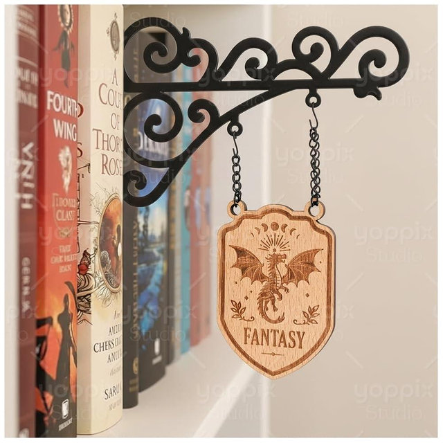 YOPPIX Book Nook Tavern Signs, About Fantasy Dragon Theme Bookshelf Label, with Hanging Bracket, Tavern Style Decoration Unique Bookshelf Accessories Home Library Book Divider as a Gift for Booklovers