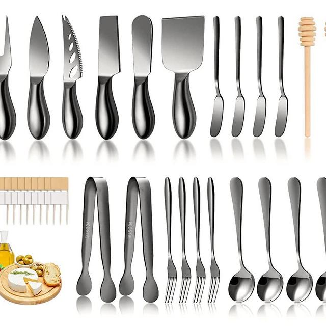 LifeMusican Cheese Knife Set Black, Cheese Spatula Knife Butter knives Stainless Steel Cheese Slicer Kit With Mini Serving Tongs, Spoons, Forks, Wooden Honey Dipper For Charcuterie Board Accessories