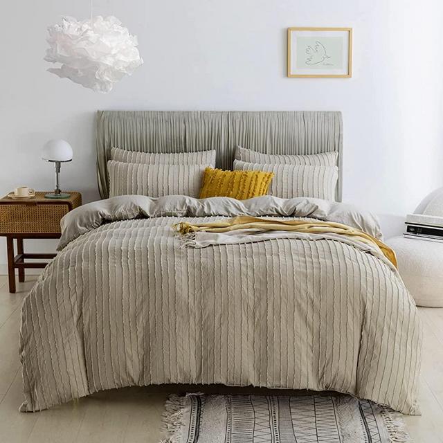 JELLYMONI Khaki Duvet Cover Queen Size - 3PCS Microfiber Tufted Duvet Cover Set, Boho Striped Tufted Textured Duvet Cover with Corner Ties & Zipper Closure