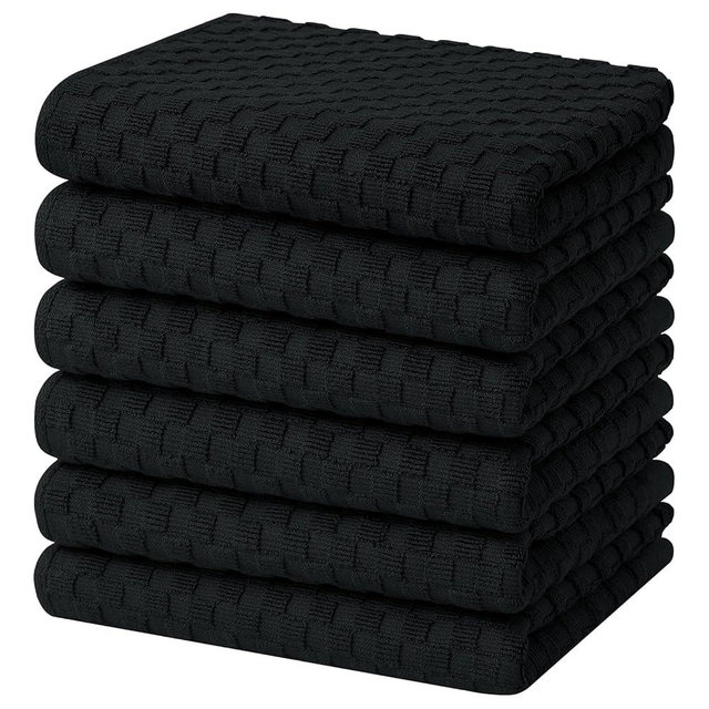 Homaxy 100% Cotton Terry Kitchen Towels(15" x 25", 6 Pack), Soft and Super Absorbent Dish Towels, 380 GSM Reusable Tea Towel with Hanging Loop, Pineapple Grid Designed, Black