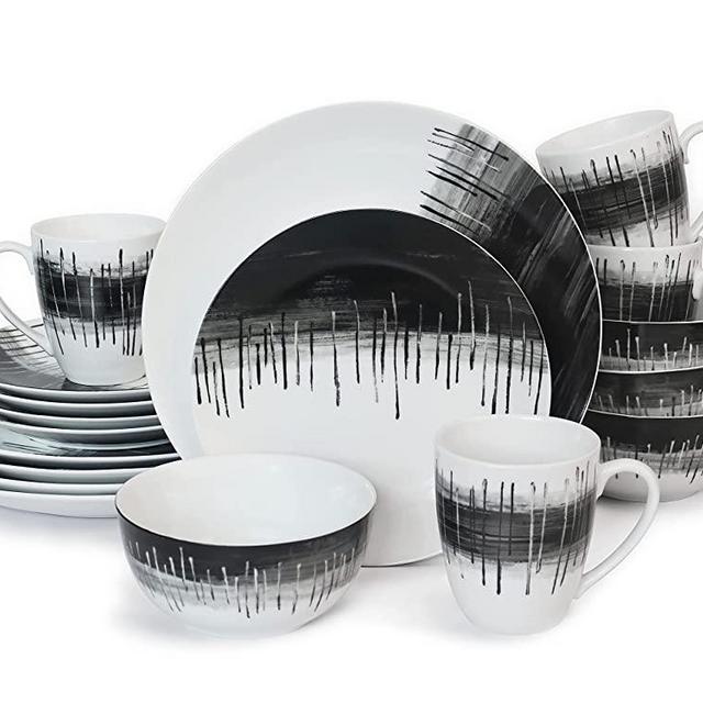 CLEEMAR 16-Piece Dinnerware Set, Bowls, Plates and Mugs, Service for 4. (Fountain Dance)