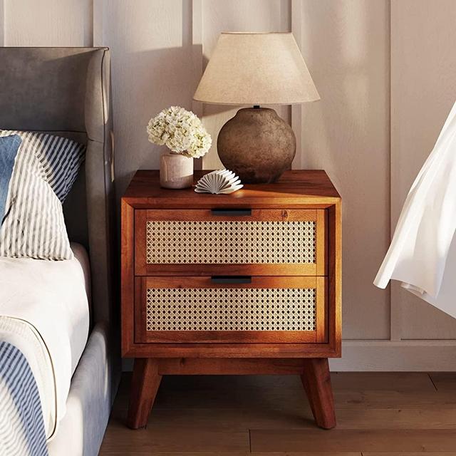 Bme Jasper Deluxe Solid Wood Rattan Nightstand Fully Assembled - Mid Century Modern Side Table, Nightstands with 2 Drawers - Multipurpose use for Living Room, Bedroom - Dark Chocolate