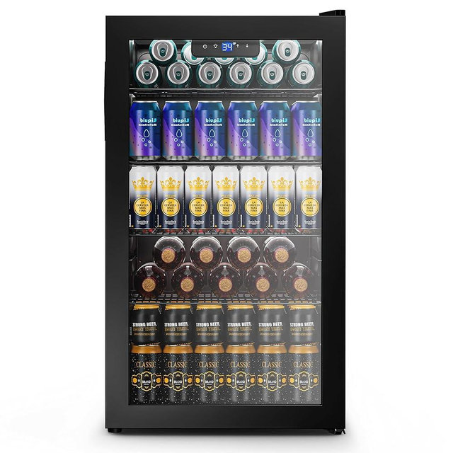 Tehanld 130 Can Beverage Refrigerator with Reversible Glass Door, 3.2 Cu.Ft Drink Cooler with Adjustable Thermostat (34–64°F), Freestanding Beverage Fridge for Soda, Beer & Home Bar