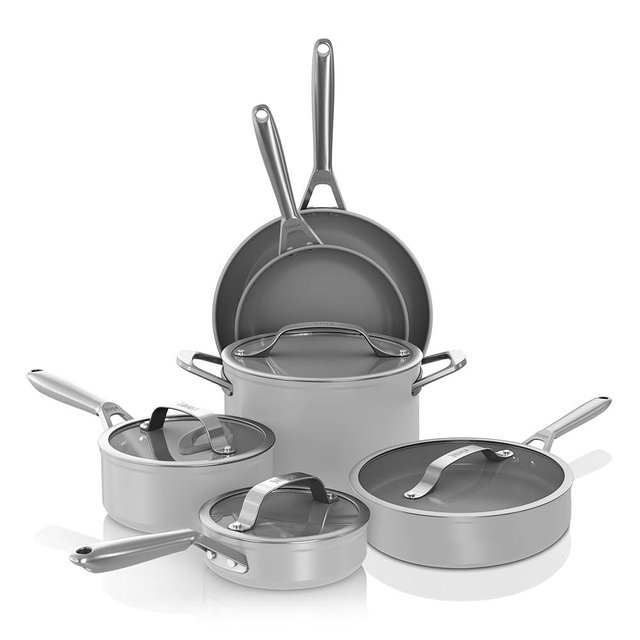 Ninja NeverStick Ceramic Pro,Non-Stick Pots & Pans Set with Glass Lids, PTFE Free, Ceramic Coated, Stainless Steel, Stove to Oven Safe to 660°F, All Stovetops & Induction Compatible,Gray, CW39010GY