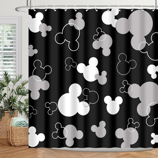BIYSUC Mouse Head Shower Curtain Black Background Children Cartoons Kids Cute Animal Grey White Bathroom Home Decor Waterproof Polyester Fabric 72Lx72W Inch with Hooks