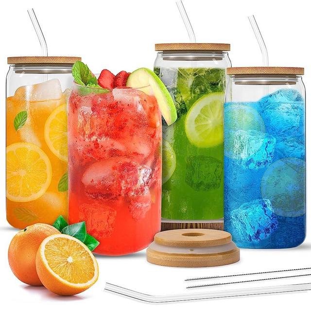 Marksle Home Glass Cups - Glass Cups With Lids And Straws - 16oz Iced Coffee Cup 4pcs Set - Glass Tumbler With Straw And Lid - Glass Coffee Cups - Ice Coffee Cup - Glass Cups With Bamboo Lids