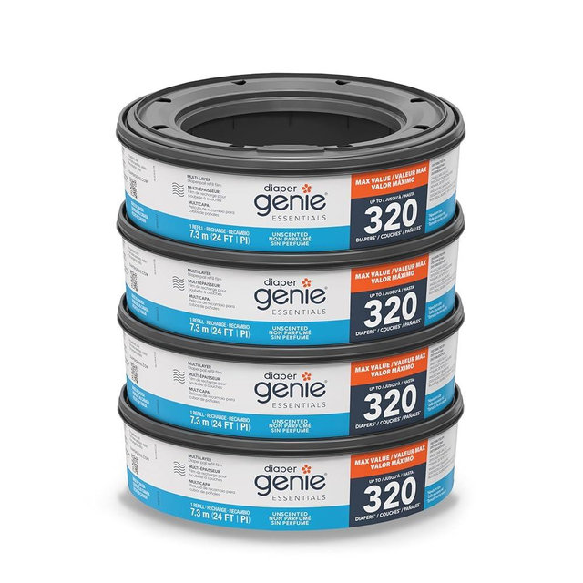 Diaper Genie Essentials Round Refill Pack of 4 | Holds Up to 1280 Newborn Diapers | Features Unscented Continuous Film | Compatible with Diaper Genie Complete and Expressions Pails