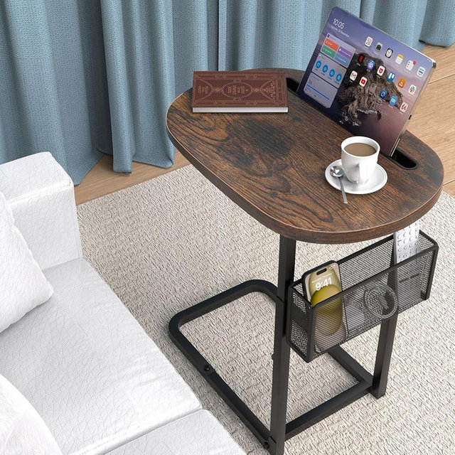 Fashion Couch Side Table with Large Tabletop, Tv Tray Table Adjustable Height with Storage Baskets, Strong and Stable Metal Frame, couch side table for Sofa, Bedside, TV Watching, Meals and Tablet Use
