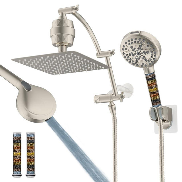 Hibbent All Metal 10'' Dual Filtered Rainfall Shower Head Combo, High Pressure Handheld Shower Head with 16'' Adjustable Extension Arm, 20 Stage Shower Filter, 10-spray, 71'' Hose, Brushed Nickel