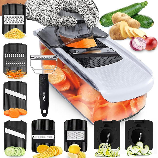 Fullstar Mandoline Slicer for Kitchen, Cucumber Slicer, Cheese Grater Vegetable Spiralizer and Veggie Slicer for Cooking, Kitchen Gadgets Organizer & Safety Glove Included (9 in 1, White)