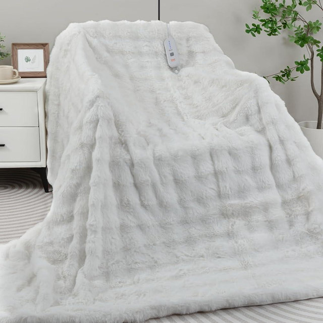 TiMiCalda Heated Blanket Electric Throw- 50"x60" Soft Thick Bubble Electric Blanket for Sofa with 5 Heat Levels & 4 Hours Auto-Off Overheat Protection, Warm Cozy Gifts, Cream