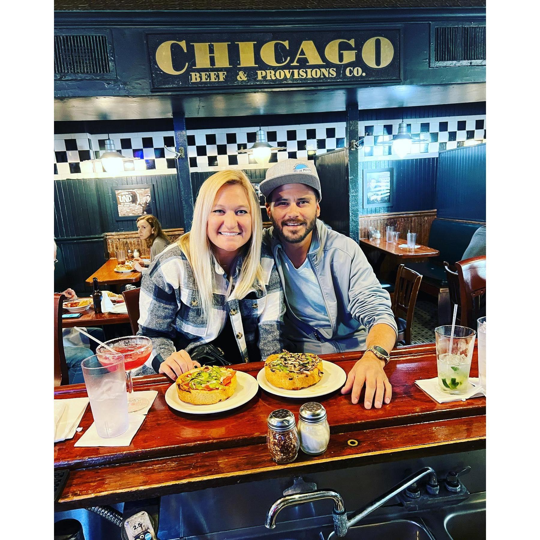 Our new bartender friend, Sergio, kindly took a picture of us at the "home of the deep dish pizza" in Chicago!
