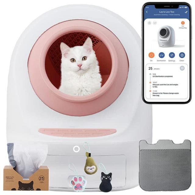 Smarty Pear Leo's Loo Too Bundle Pink - No Mess Automatic Self-Cleaning Cat Litter Box Includes Charcoal Filter, Built-in Scale, Smart Home App with Voice Control