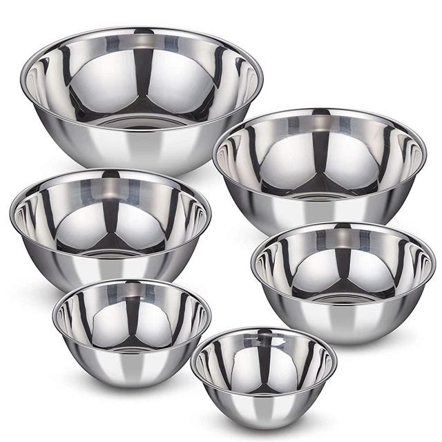 WEZVIX Stainless Steel Set of 6 Mixing Bowls Polished Mirror Finish, Salad Bowl Set Easy to Clean Nesting Metal Bowl for Cooking, Baking, Prepping (0.75-1.5-3-4-5-8 QT)