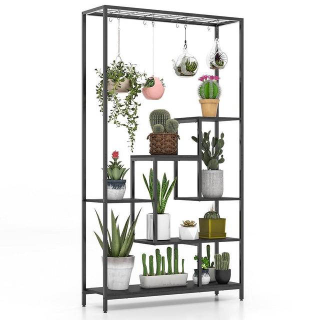 Giantex 71" Tall Plant Stand Indoor, 6-Tier Metal Plant Shelf with 10 Hanging Hooks, Multiple Potted Flower Bonsai Pots Display Rack for Indoor, Balcony, Living Room (Black)