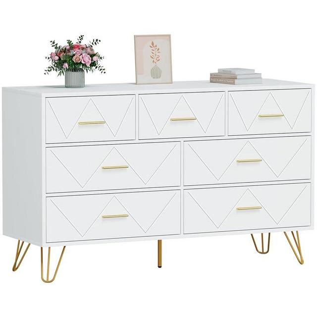 CARPETNAL White Dresser for Bedroom, 7 Drawer Dresser with Wide Drawers and Metal Handles, Wood Dressers & Chests of Drawers for Hallway, entryway.