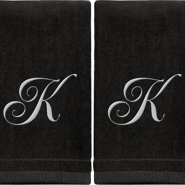 Monogrammed Towels Fingertip, Personalized Gift, 11 x 18 Inches - Set of 2 White Embroidered Towel - Extra Absorbent 100% Cotton - Soft Velour Finish - For Bathroom/ Kitchen/ Spa - Initial K (Black)