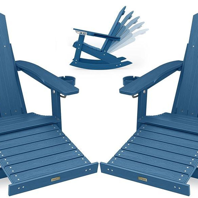 YEFU Adirondack Rocking Chairs set of 2 : Oversize Adirondack Chair with Retractable Ottoman- 5-Level Adjustable High Back - Outdoor Rocker with 2 Cup Holders for Porch/Garden/Lawn/Patio/Backyard/Navy