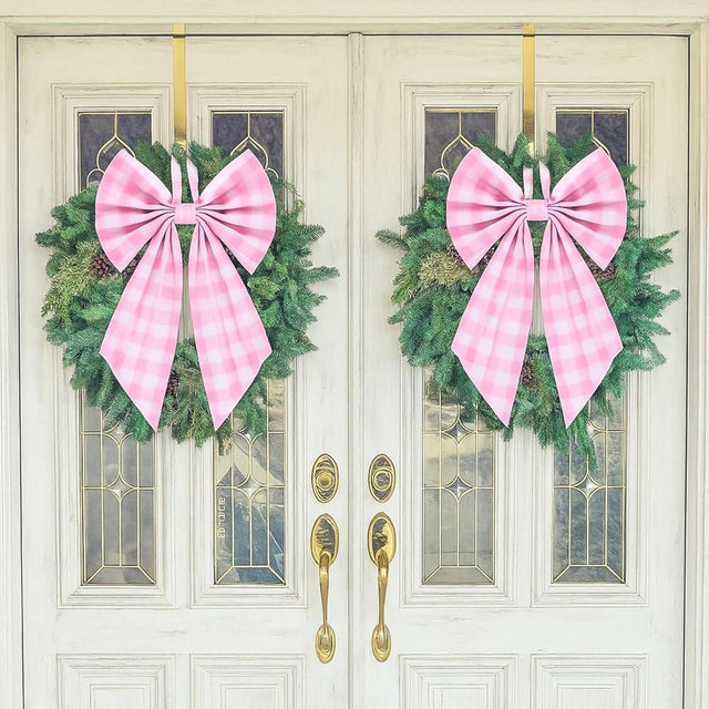 Suncalla 2 Pcs Wreath Bow Front Door Hanger Cute Bow Wreath Accessories Xmas Party Yard Doorway Indoor Outdoor Wall Decoration(Check,Pink)