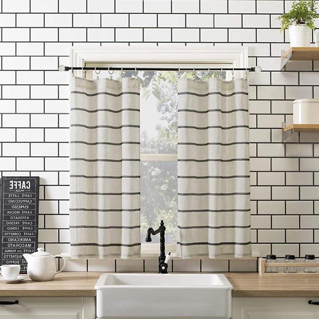 Clean Window Twill Stripe Allergy/Pet Friendly Anti-Dust Sheer Curtain Panel, 52" x 36" Kitchen Tier Pair, Black/Linen