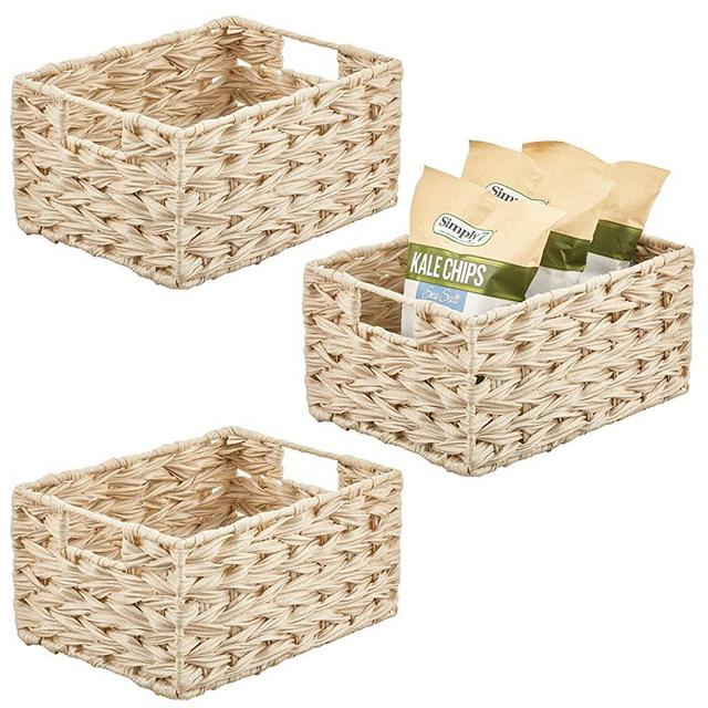 mDesign Woven Farmhouse Kitchen Pantry Food Storage Organizer Basket Bin Box - Container Organization for Cabinets, Cupboards, Shelves, Countertops - Store Potatoes, Onions, Fruit, 3 Pack, Cream/Beige