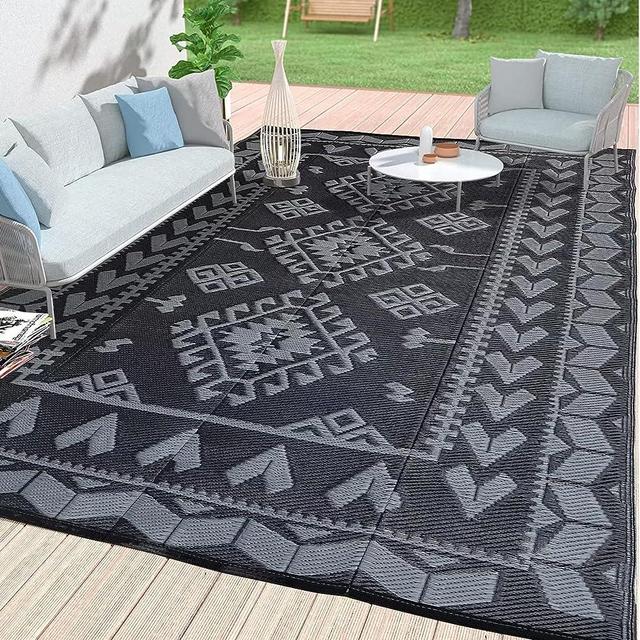 Outdoor Rugs for Patio Clearance - 5'x8' Waterproof Reversible Indoor Outdoor Rug Carpet, Portable Plastic Straw Rug for RV Camping, Picnic, Beach, Porch, Deck(Rug004#,Black&Gray)
