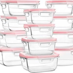 Glass Food Storage Containers with Lids, [24 Piece] Glass Meal Prep Containers, Airtight Glass Bento Boxes, BPA Free & Leak Proof (12 lids & 12 Containers) - Pink