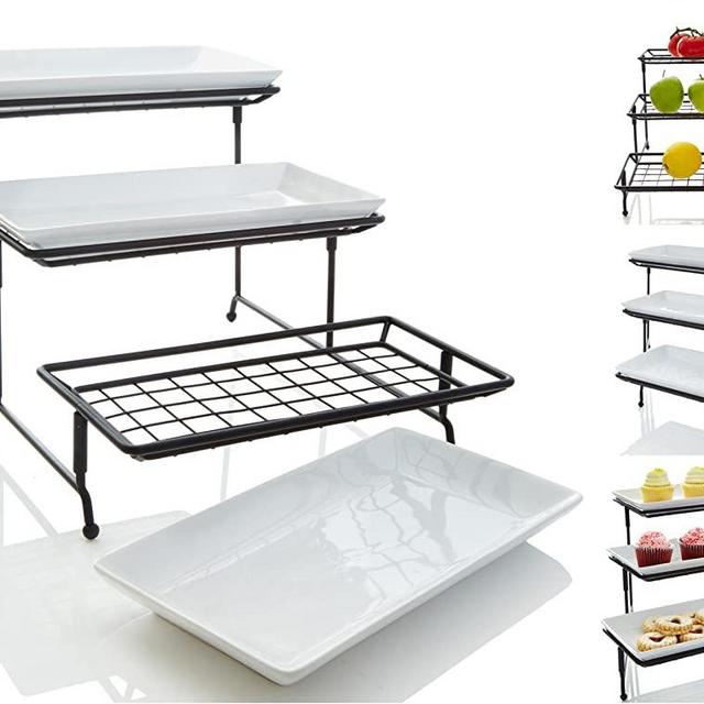 Unique 3 Tier Mesh Serving Stand with Server Platters - Three White Porcelain Food Dessert Display Tray
