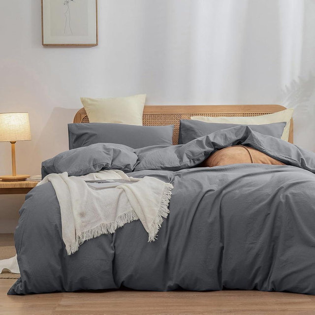 BESTOUCH Duvet Cover Set 100% Washed Cotton Linen Feel Super Soft Comfortable Chic Lightweight 3 PCs Home Bedding Set Solid Quiet Shade Grey Super King Plus