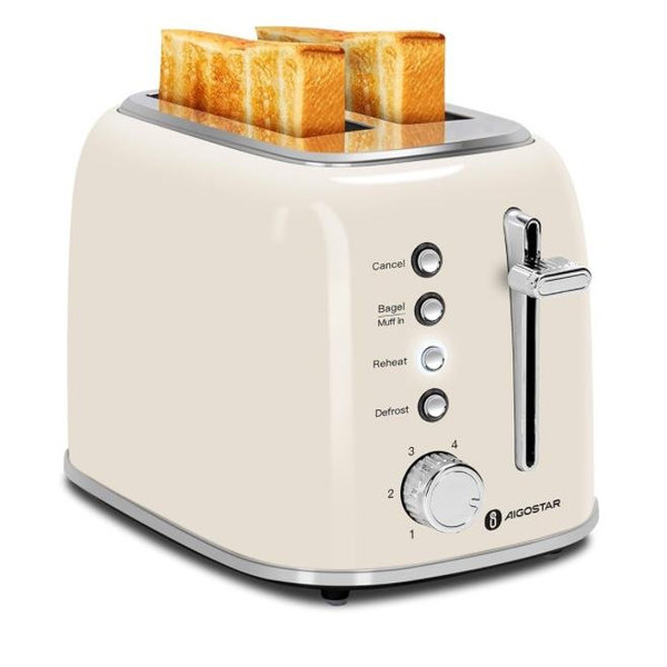 Aigostar Toaster 2 Slice, Retro Extra-Wide Slot Toasters Best Rated Prime for Toasting Bagels, Breads, Waffles & More, Cancel, Defrost & 6 Browning, Removable Crumb Tray, Stainless Steel, Cream White