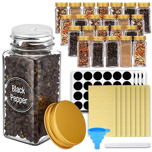 PrettyCare 24 pcs Glass Spice Jars, 4oz Square Spice Bottles with 120 Spice labels, Spice Organizer with Shaker Lids and Airtight Gold Metal Caps, Silicone Collapsible Funnel and Erasable Marker